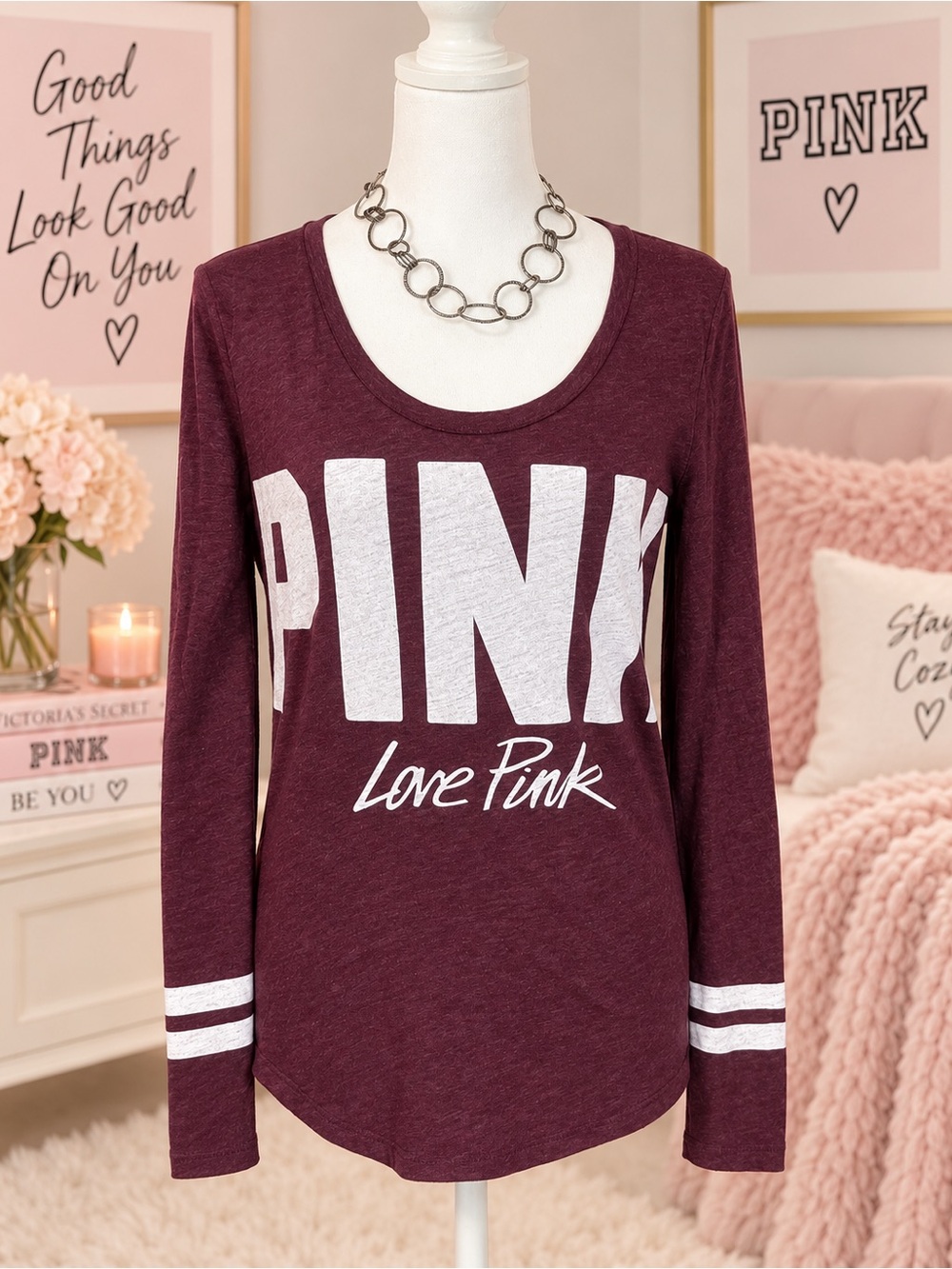 Victoria's Secret PINK Long-Sleeve Scoop Neck Graphic Top - Wine/Burgundy